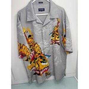 Vintage Samurai Warrior Shirt Men XL Button Up 90's Y2K Asian Anime Short Sleeve